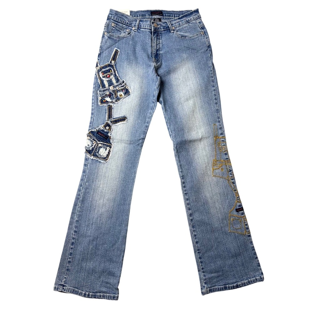 VTG Poco Jeans Women Size 11 Distressed Denim Jeans with Patches Beaded - Picture 1 of 10
